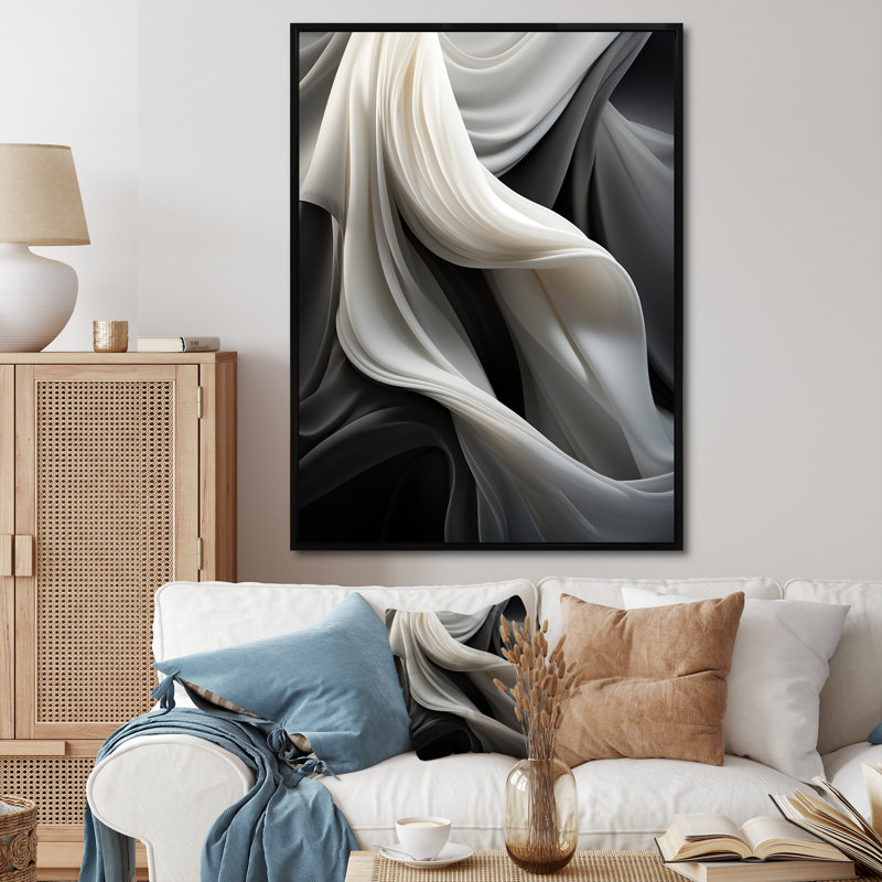 Gris, apaisant, ombres III, art mural abstrait, Cadre flottant noir, H 32 po x l 24 po x P 1 po