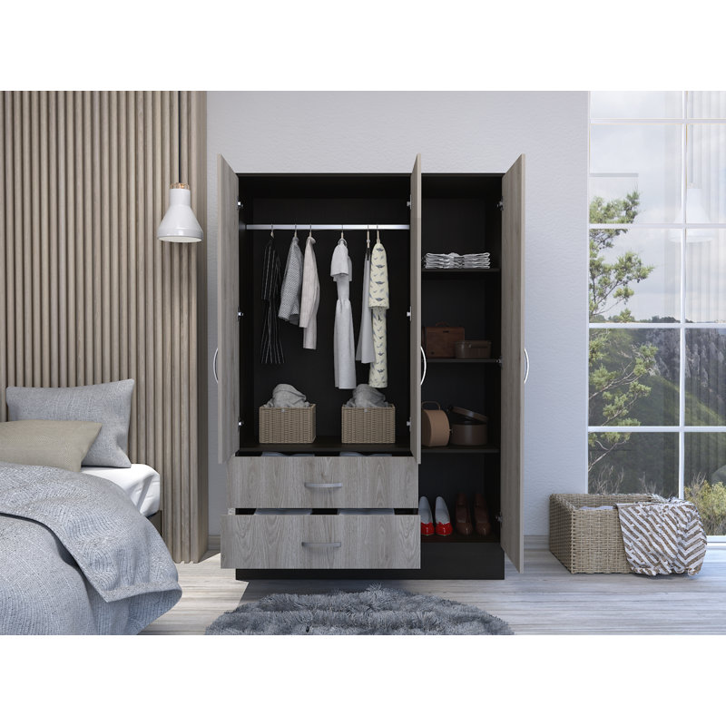 Armoire de chambre à coucher en miroir Florencia S, avec deux armoires, deux tiroirs et cloisons