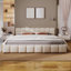Élégant grand lit tapissier en chenille beige avec tête de lit en damier - Mobilier de chambre à coucher moelleux et moderne