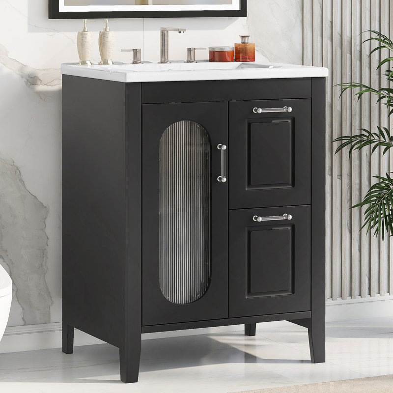 Meuble-lavabo fonctionnel avec lavabo, armoire avec deux tiroirs, tablette réglable, idéale pour organiser vos articles de salle de bain essentiels.