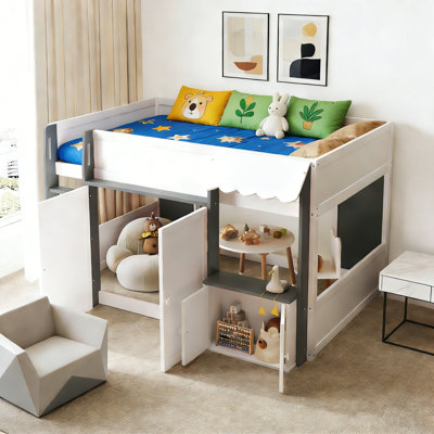 Modern House Style Low Loft Bed With Storage Cabinet, Full Size