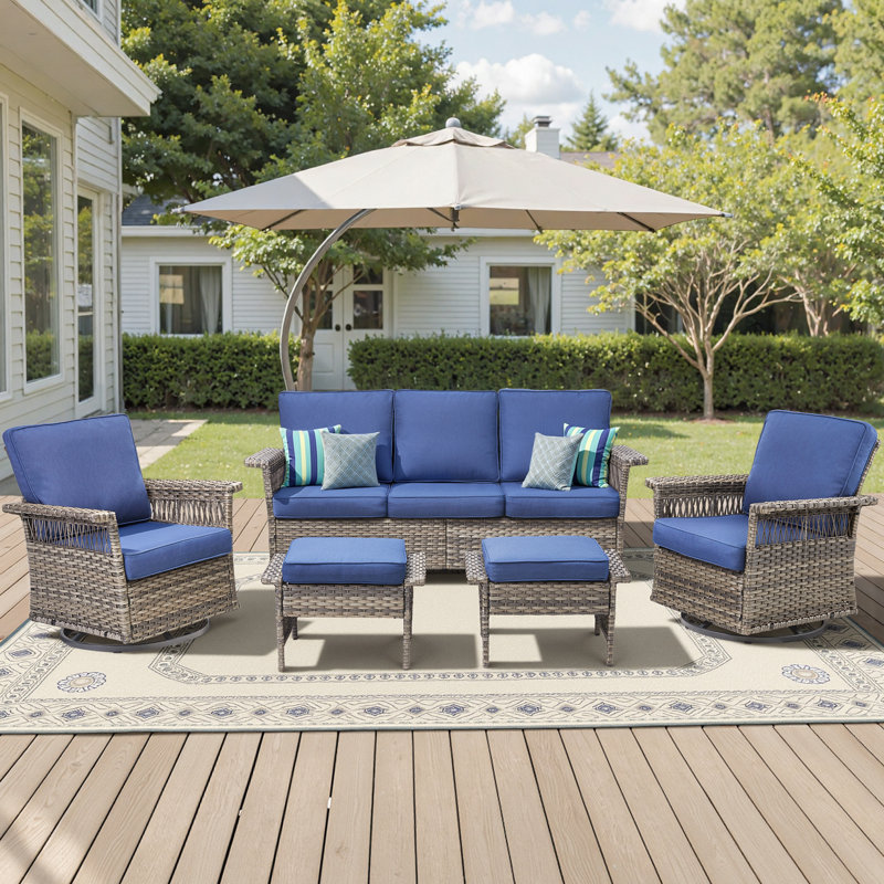 Anferney 5-Piece Outdoor Patio Sofa Conversation Set With Swivel Chairs, Blue