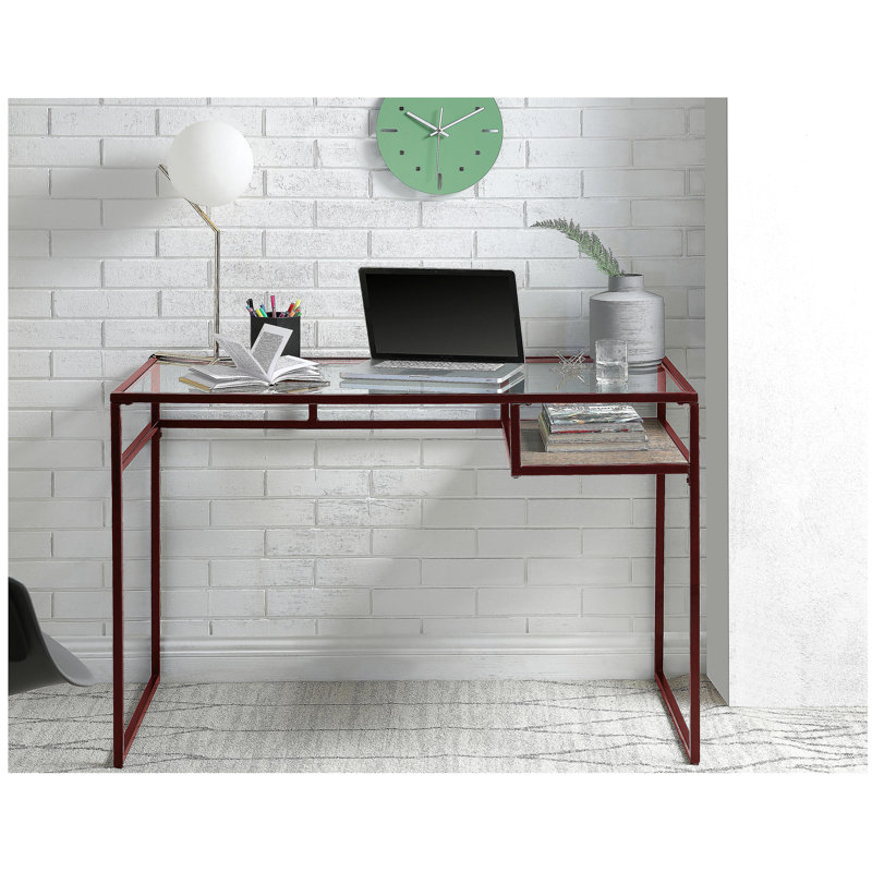 Bureau Yasin avec plateau en verre et finition rouge, Transparent / Rouge