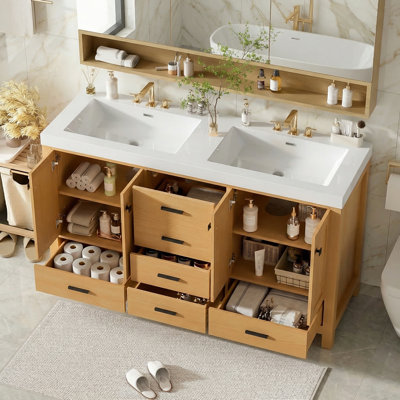 59.3" Modern Double Sink Bathroom Vanity, Solid Wood Frame, Soft Close, 4 Doors 5 Drawers – Epa/Upc Certified