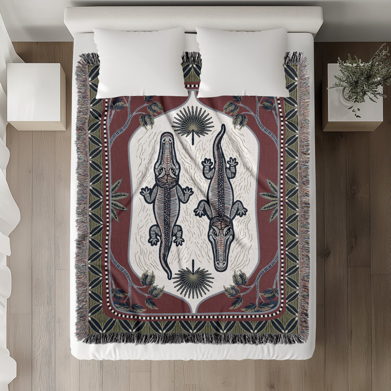 Jeté en mélange de coton Crocodile, L 60 po x l 50 po, Rouge / vert / blanc cassé