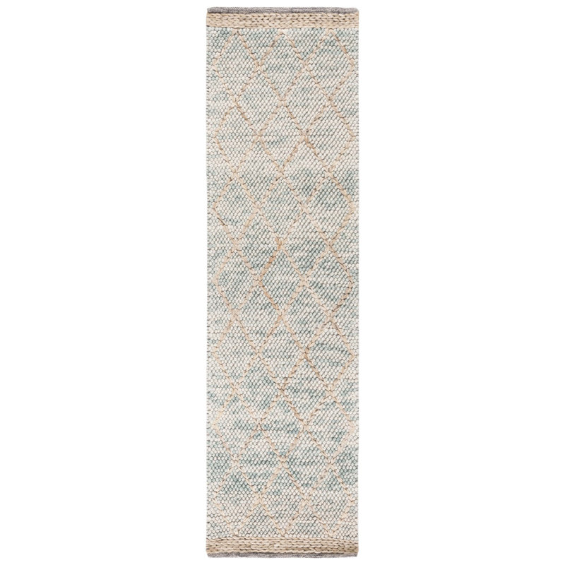 Fayelynn Hand Woven Wool/Cotton Geometric Rug in Teal/Natural, Runner 2'3" x 8'