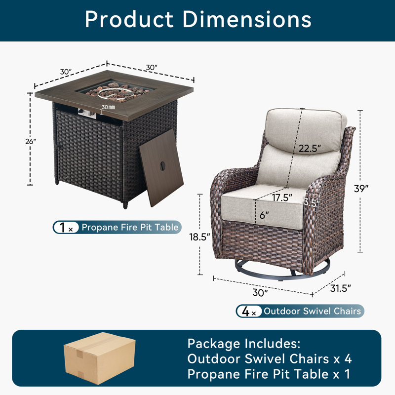5 Pieces Patio Furniture Set With Fire Pit Table - 4 Outdoor Swivel Rocker Chairs With 50000 BTU Propane Fire Pit Table, Patio Conversation Sets For Outside Backyard Patio