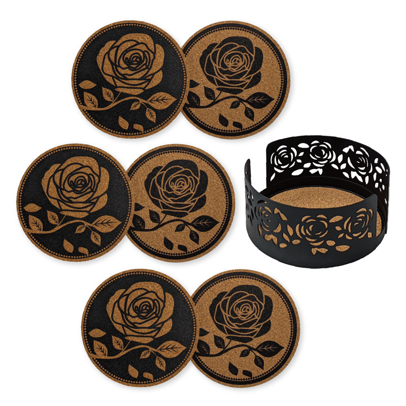 Black Rose Cork Round Coaster Set with Metal Holder