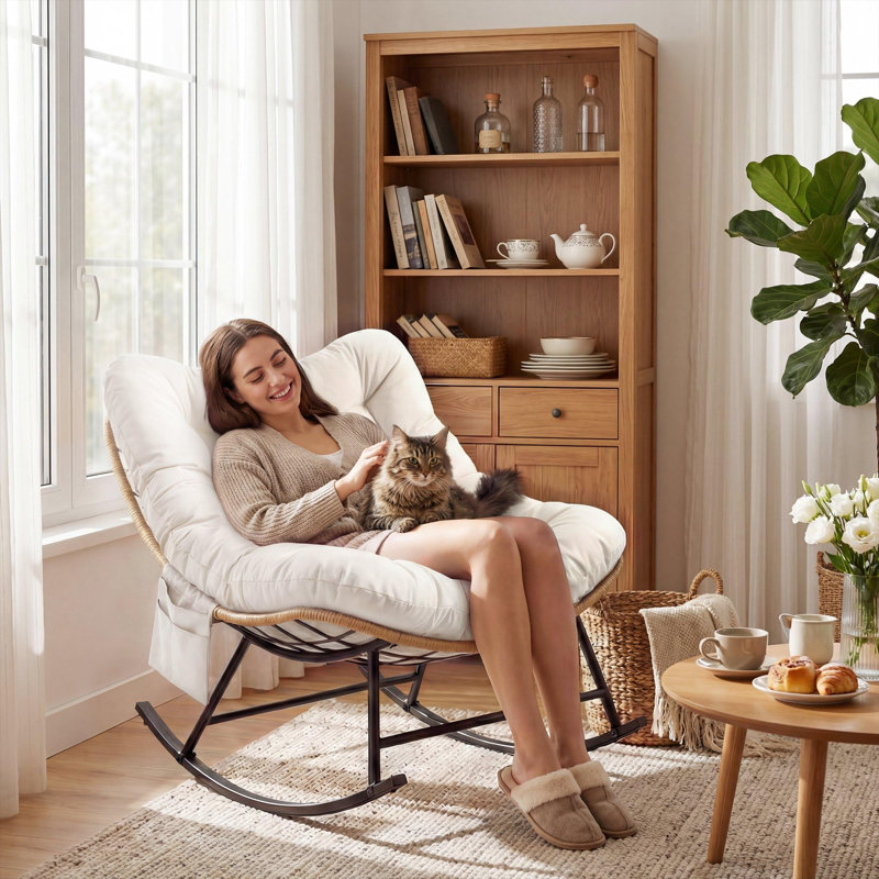 Indoor/Outdoor Rocking Chair with 450 Lbs Capacity, Heavy-Duty Metal Frame & Water-Resistant, Single Arc Leg Design with Thick Cushion for Patio, Garden & Living Room