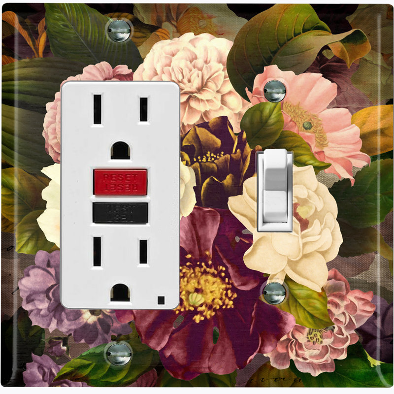 Couvercle de prise de plaque d'interrupteur d'éclairage à motifs en métal (fleur mauve blanc rose 2 - (G) simple GFI / (R) simple bascule) 2 bandes interrupteur à bascule / décorateur / bascule