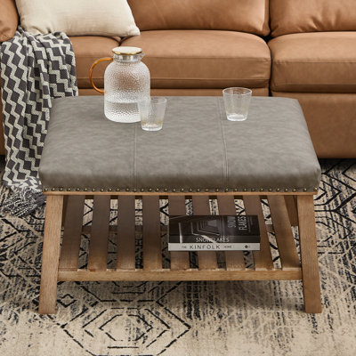 Mid Century Coffee Table With Storage Shelf, Faux Leather Coffee Table For Living Room/Bedroom/Guest Room