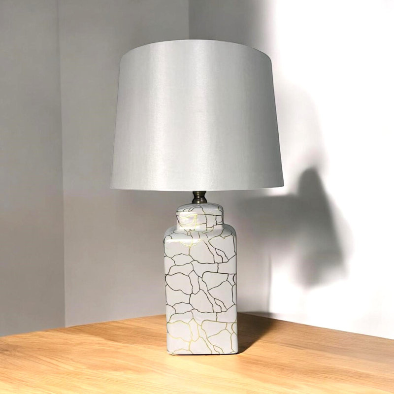 59cm Ceramic Table Lamp with Fabric Shade Textured Base | Modern Bedside Lamp for Bedroom or Living Room Décor