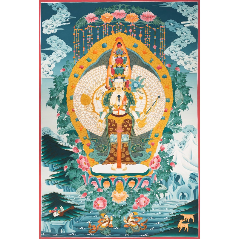 Lord Lokeshvara Thangka sans brocart | Or pur 24 carats, gouache et acrylique sur toile de coton