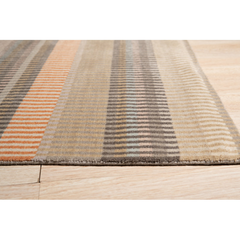 Gray and Beige Hand-Knotted Wool Striped 6' x 9' Rug