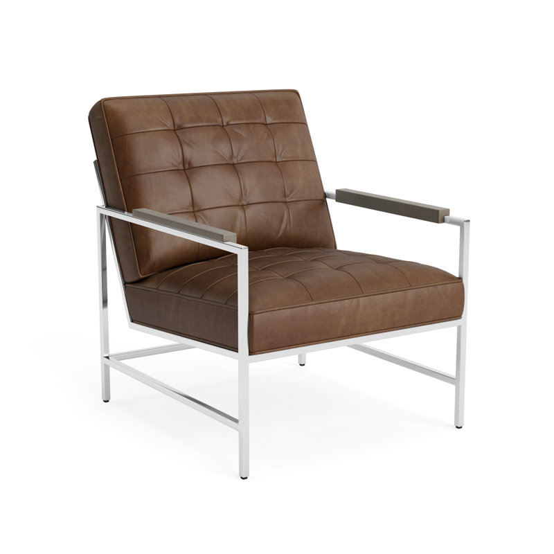 Major Leather Arm Chair, Driftwood, Polished Stainless Steel, Bedford - Tobacco