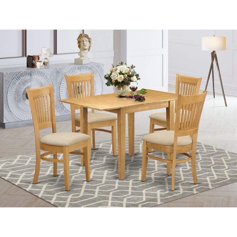 L'ensemble 5 pièces de table et chaises de cuisine comprend une table de salle à manger rectangulaire avec Dropleaf et 4 chaises rembourrées en tissu de lin, chêne