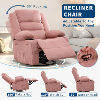 Fauteuil inclinable manuel en velours côtelé rose avec base pivotante à 360 degrés et porte-gobelet, structure en fer avec rembourrage en éponge pour le salon, la chambre à coucher et la chambre de bébé