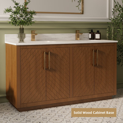 Linsay 60" Fully Assembled Rustic Farmhouse Double Sink Bathroom Vanity with Chevron Wood Cabinet, Engineered Marble Countertop