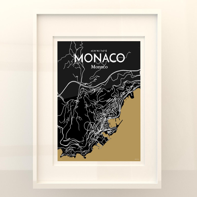 Monaco City Map, impression, Noir / or, H 24 po x l 18 po