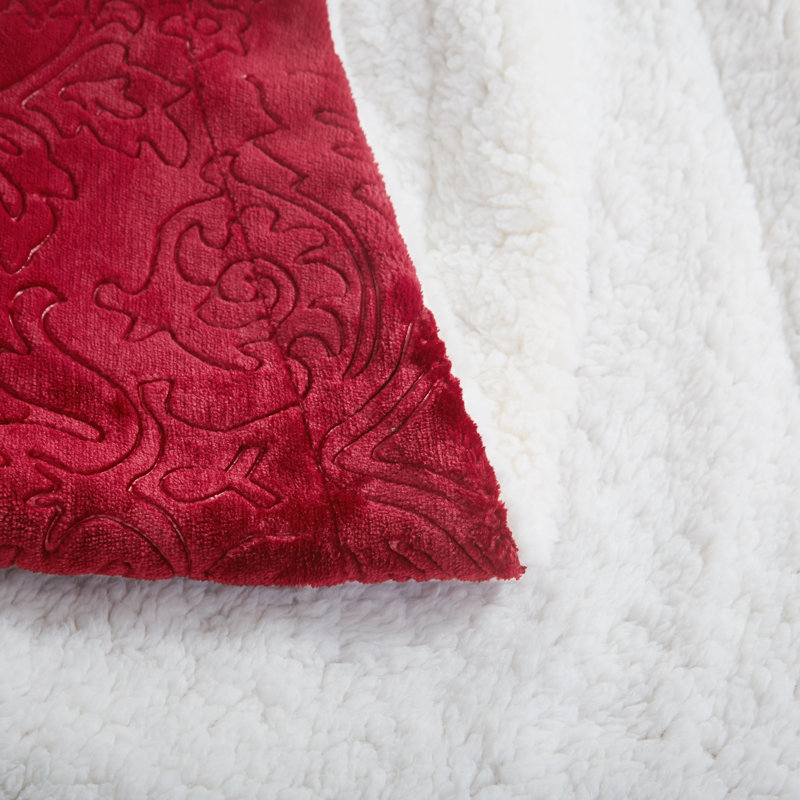  Jeté en sherpa embossé en flanelle, L 63 po x l 87 po, Rouge merlot