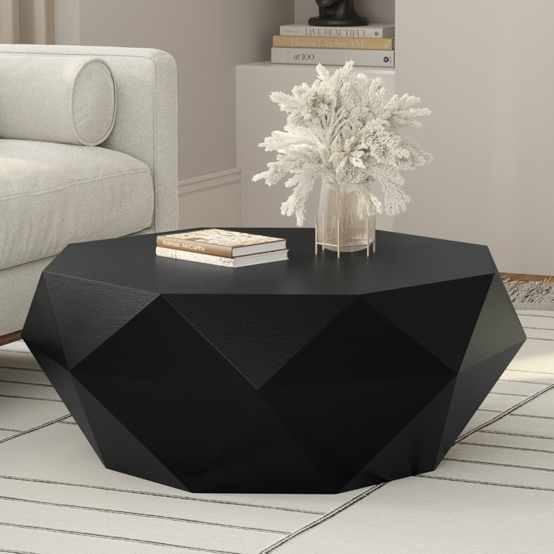 Zayn 35"W Solid Acacia Contemporary Drum Coffee Table with Faceted Geometric Design, Black