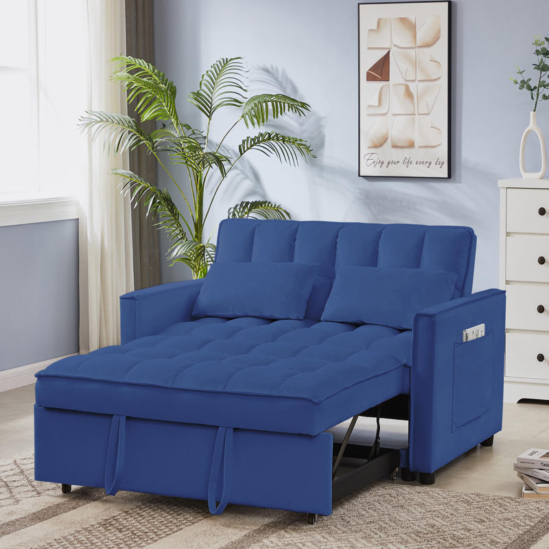 Canapé-lit moderne de 55 po 3-en-1 avec deux coussins lombaires pour le salon et le bureau, Velours bleu