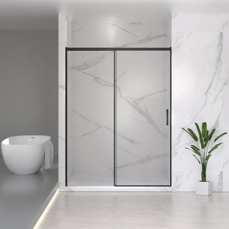 56-60" W x 74" H Semi-Frameless Sliding Shower Door, 1/4" (6mm) Clear SGCC Tempered Glass, Matte Black Finished, Adjustable Width – No Cutting Required