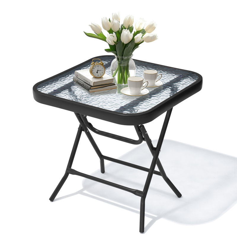 Square Glass Outdoor Folding Side Table, Black