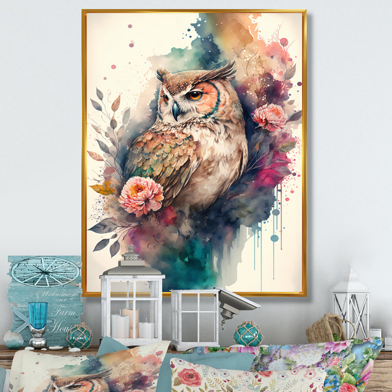 «Cute Owls Floral II», impression sur toile, H 40 po x l 30 po x P 1,5 po, Cadre flottant doré