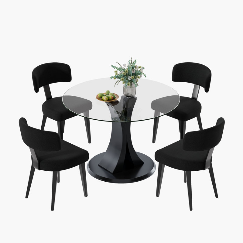 Round Pedestal Glass Dining Table Set, 29.50" H x 38.98" W x 38.98" D, Black, 5 Pieces: Table, 4 Chairs
