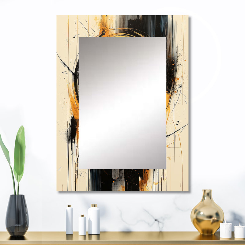 Abstract Circle In Blue And Gold Tones III - Abstract Shapes Large Mirror, Black Unique Wall Mirror Decor, Printed Metal Art