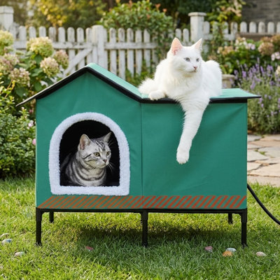 Elevated Heated Cat House for Outdoor Winter Use, Insulated Feral Cat Shelter, Warm Home for Stray & Barn Cats, Green, Large