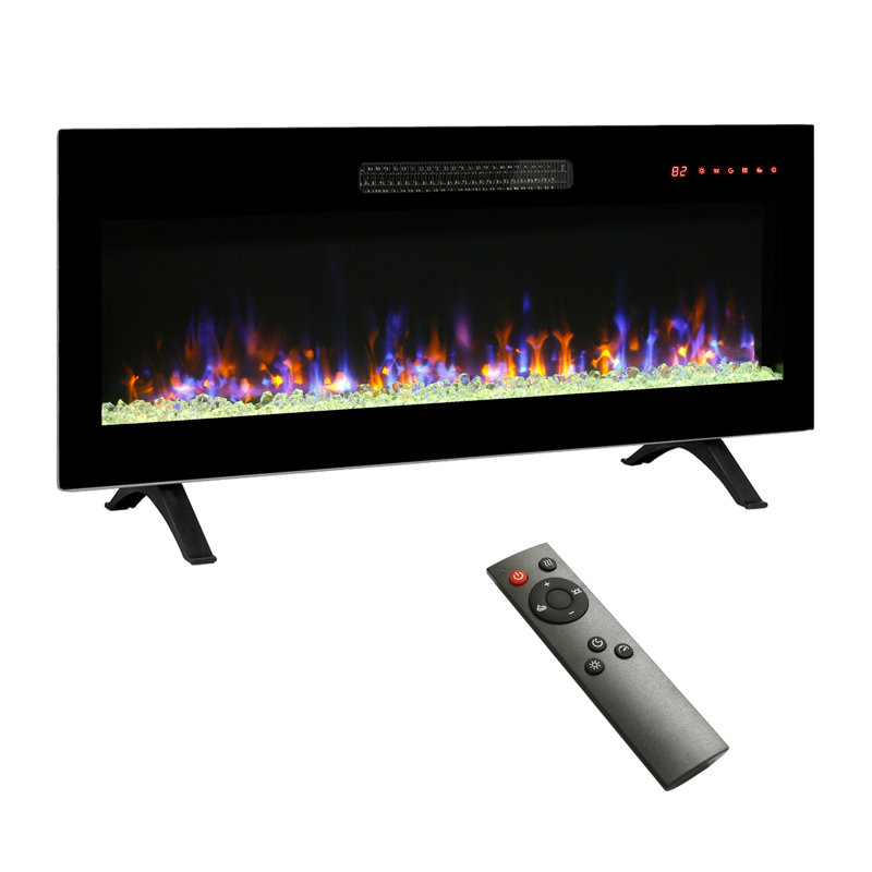 Foyer électrique encastré à façade en verre trempé ultra mince de 42 pouces avec télécommande et flamme multicolore et chauffant à lumière DEL