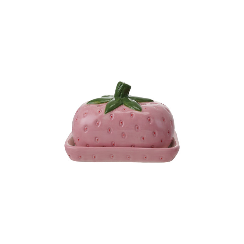 Hand‑Painted Ceramic Strawberry‑Shaped Butter Dish