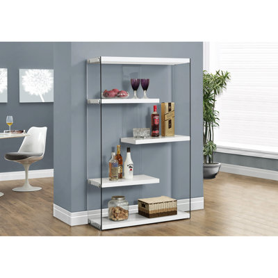 Bibliothèque 60 po H 5 niveaux en blanc brillant, avec côtés et dos en verre transparent, bibliothèque de bureau élégante pour chambre à coucher, verre trempé à finition blanche, décor moderne