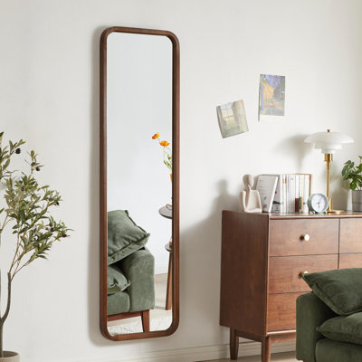 Full Length Mirror, Solid Beech Wood Frame Floor Mirror, Freestanding Mirror with Stand, Large Body Mirror for Bedroom Living Room Dressing Room, Walnut Finish