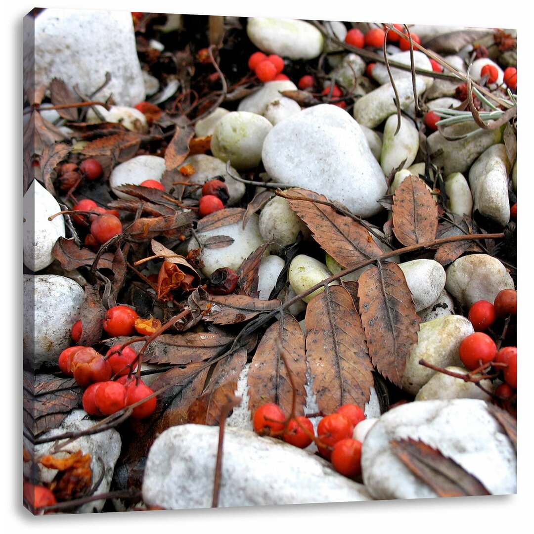 Leinwandbild Herbstlaub und Beeren auf weiem Kies