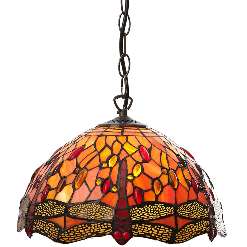 Aqua Blue Classic Tiffany Dragonfly Stained Glass Pendant Shade (12inch Dia') With Adjustable 1.5m Chain Pendant Set With B22 Brass Bulb Holder