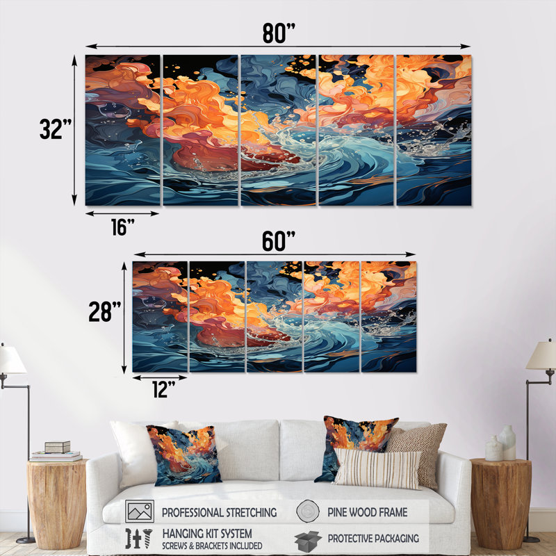 «Orange and Blue Abstract Rolling Tides - Abstract Modern Waves», art mural 5 pièces, H 28 po x l 60 po