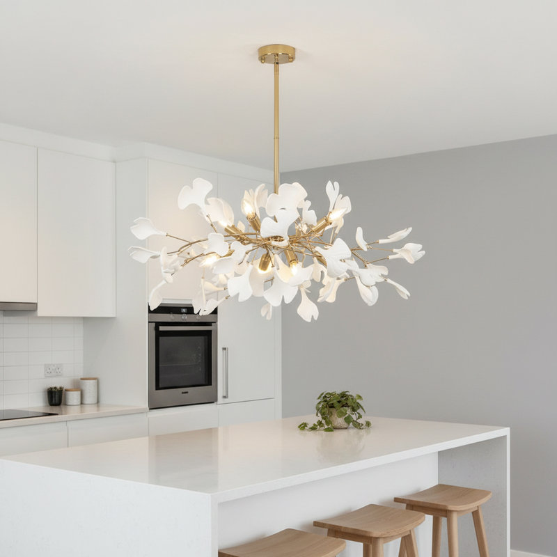 Lustre 8 lumières de luxe Ginkgo, laiton, Laiton