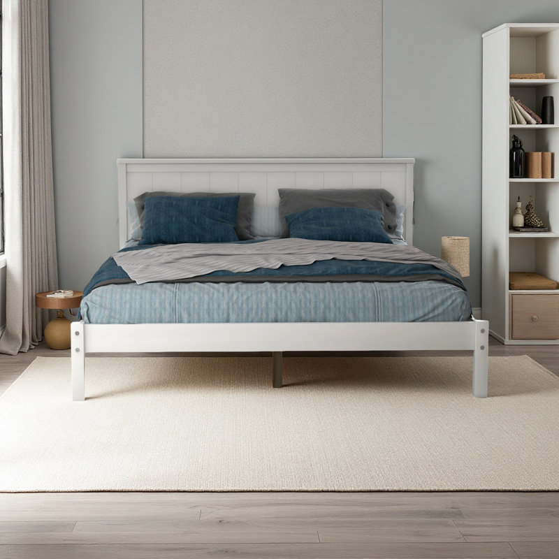 Base de lit plateforme avec tête de lit, Lit double, Blanc