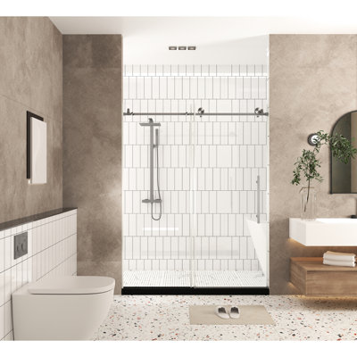 56 - 60" W X 76" H Shower Door 1/4" (6 Mm) Clear Tempered Glass With Proof Film Stainless Steel Handle In Brushed Nickel Transmitting Large Wheels And Round Tracks For Quiet Sliding Water Blocking