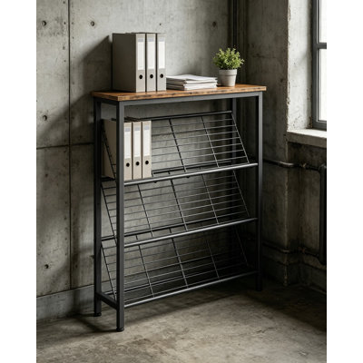 Range-chaussures, étagère de rangement étroite à 4 niveaux avec plateau en bois et tablettes inclinées en métal, organisateur de vestibule et de couloir de style industriel, brun rustique et noir