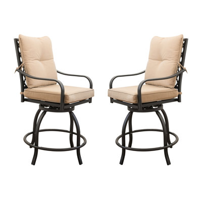 Tabouret rotatif à 360 degrés pour l'extérieur - kaki, métal, avec et coussin, 2 chaises de bar pivotantes en métal kaki, coussin de siège relaxant pour terrasse de jardin