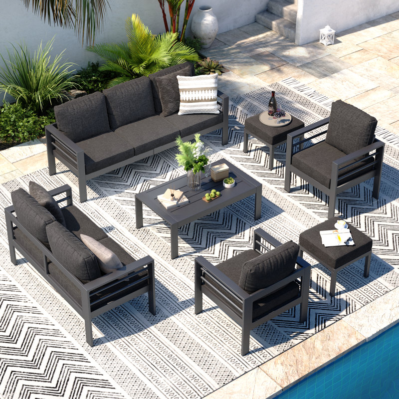 Charlsa Power Coated Aluminium 9 - Person Seating Group with Cushions, Dark Grey, Black
