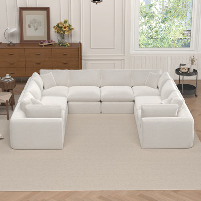 140" Wide U-Shaped Modular Sofa, No-Assembly Compressed Boneless Foam 6-Seater Couch with Arms, Chenille in White