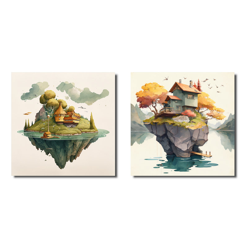 Maison sur une île privée - ensemble de 2 collages carrés, Toile tendue, H 16 po x l 33 po