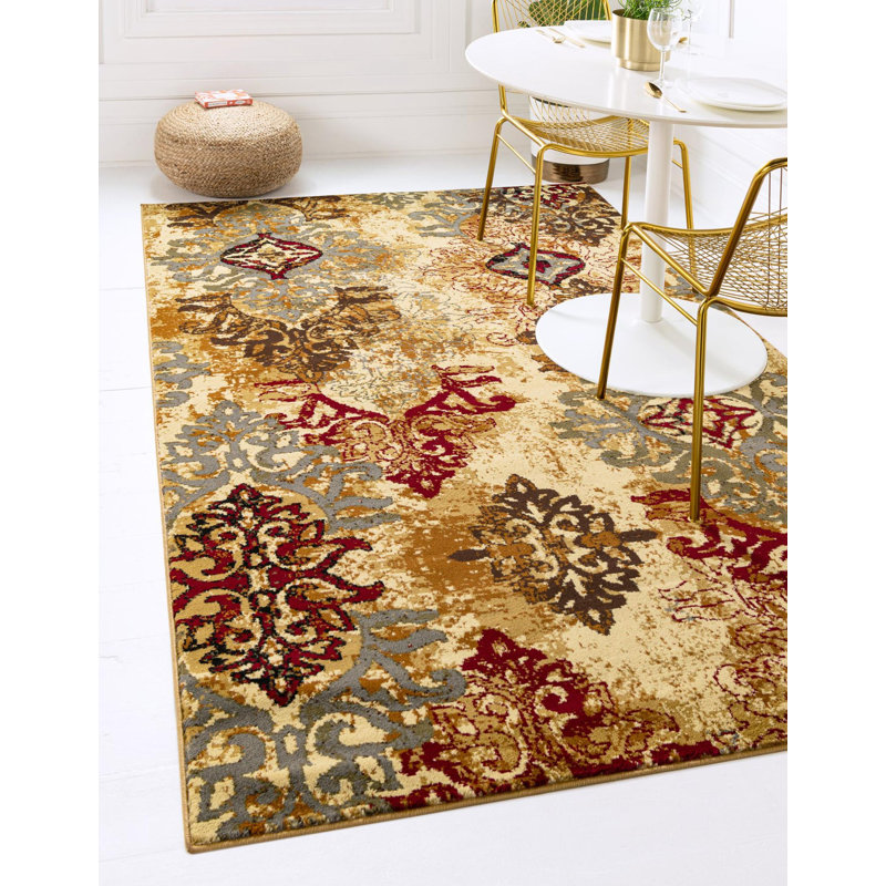 Tapis rouge / crème à motif abstrait Eelijah, Rectangle 3 pi 1 po x 5 pi 3 po