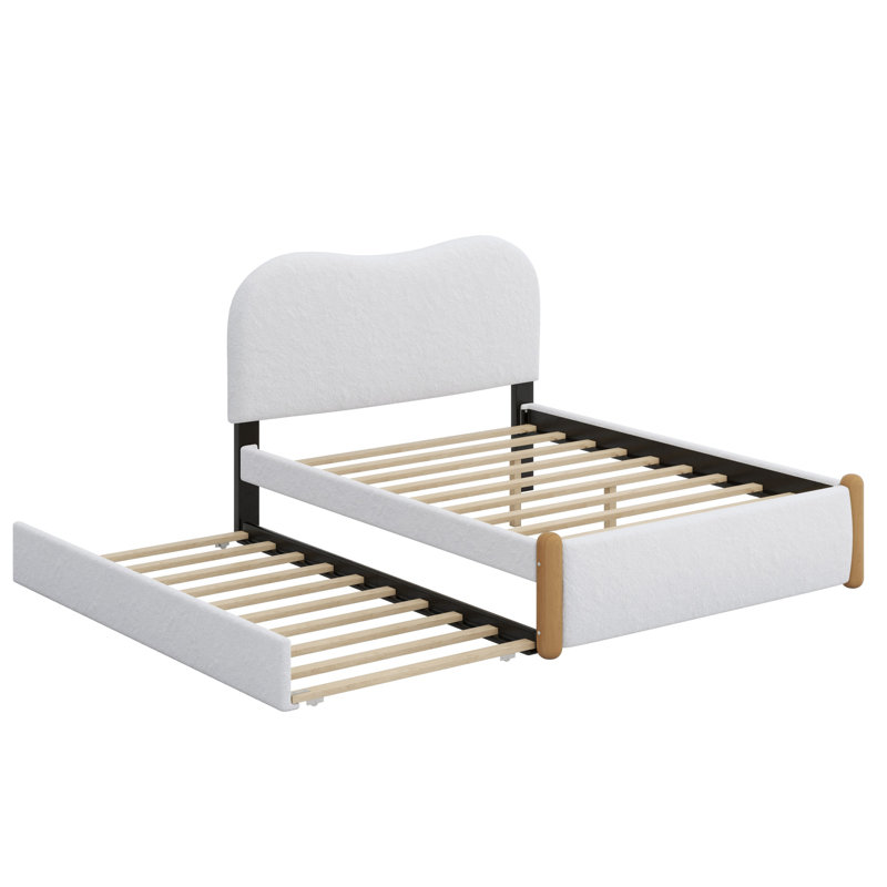 Lit plateforme tapissier avec pieds de soutien en bois et lit gigogne, blanc