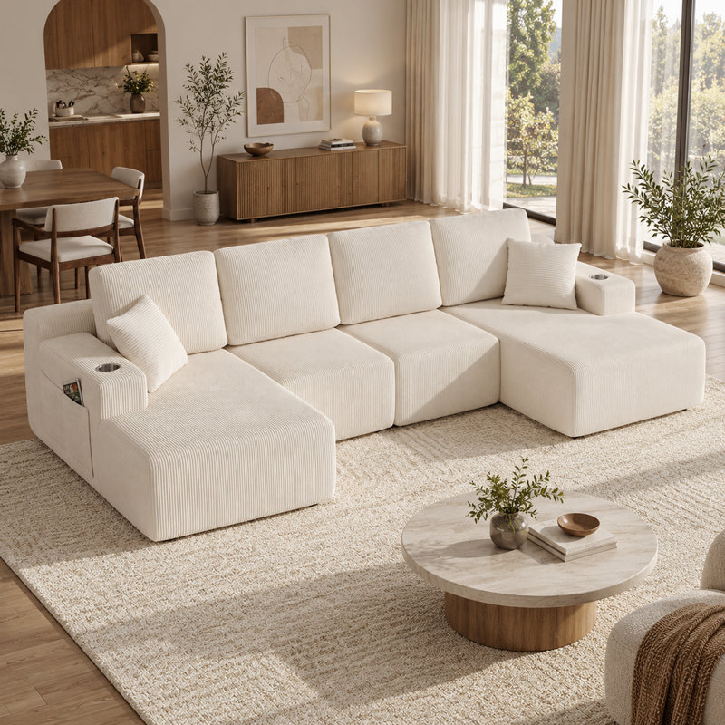 Canapé modulaire en velours côtelé blanc sans os avec méridienne et siège flexible de 129,46 po